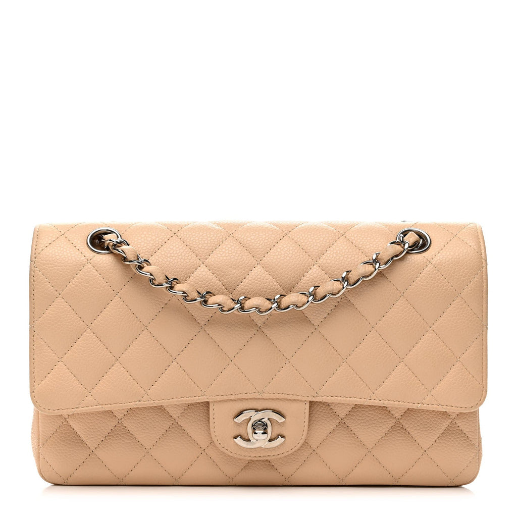Caviar Quilted Medium Double Flap Beige Clair