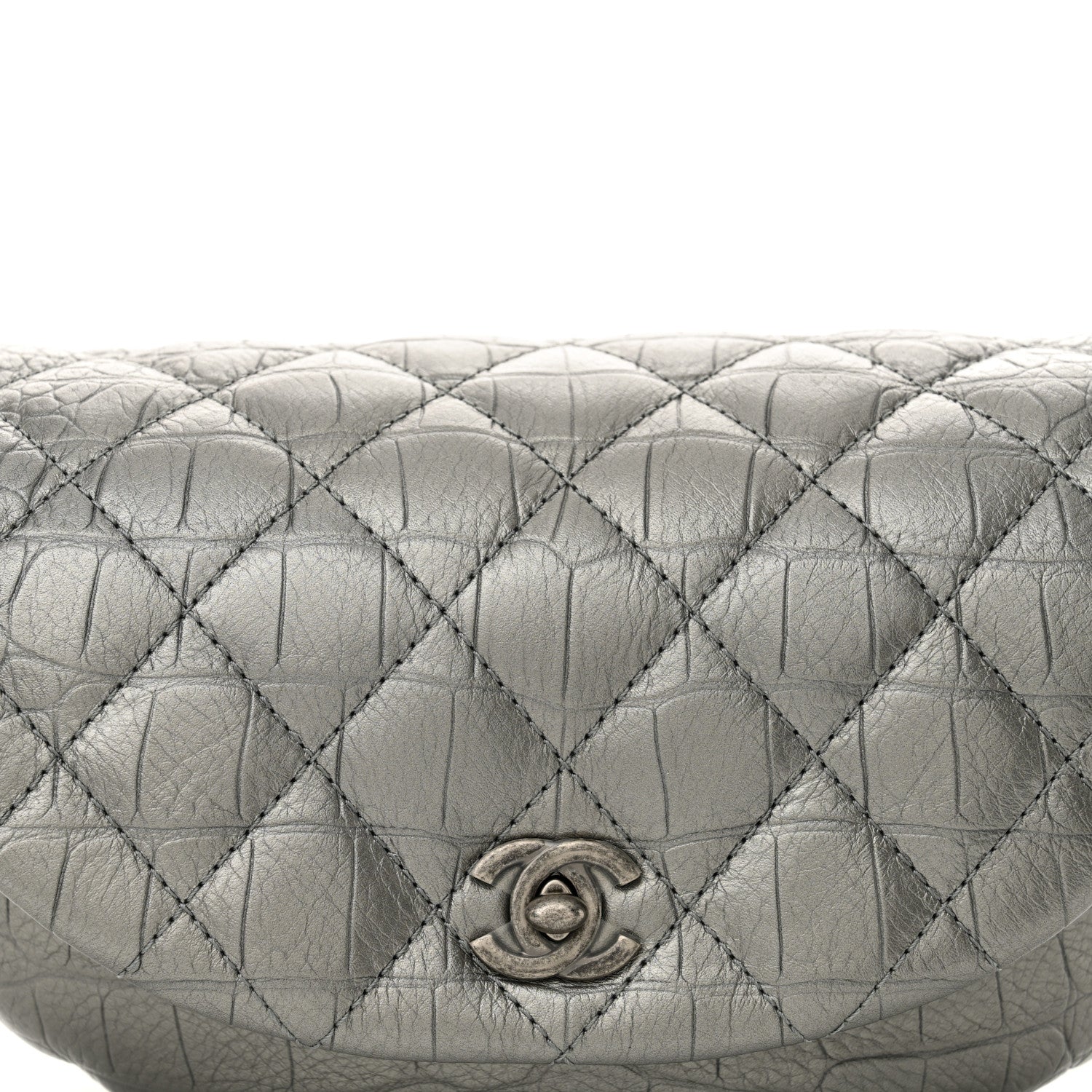 Metallic Calfskin Crocodile Embossed Quilted Easy Trip Waist Bag Fanny Pack Silver