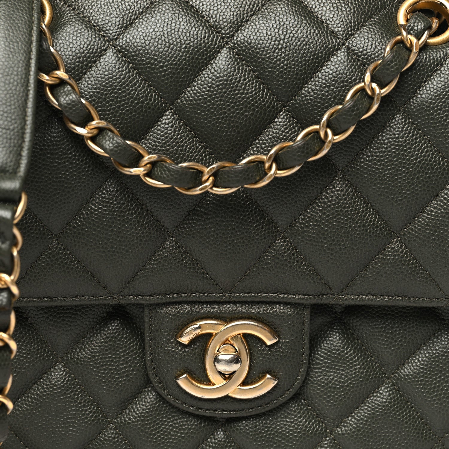 Caviar Quilted Zip Flap Khaki