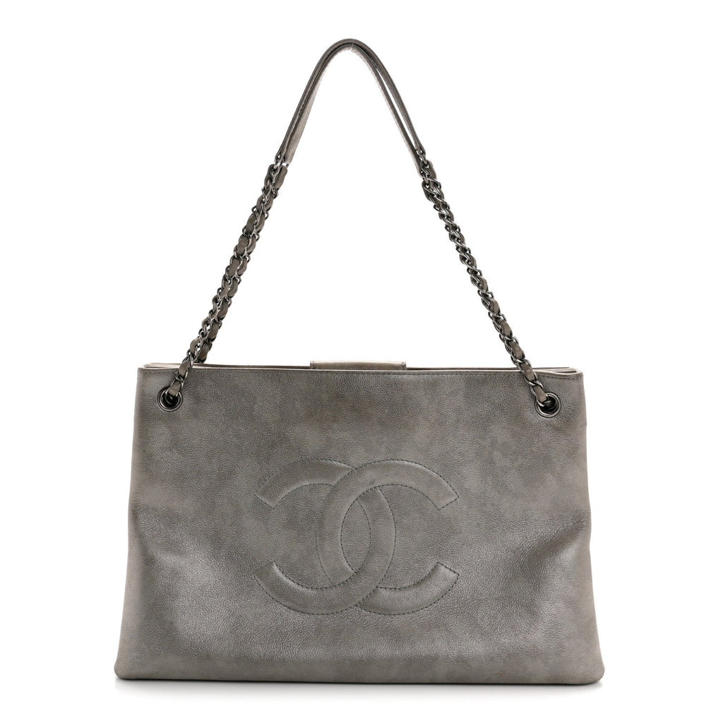 Iridescent Calfskin CC East West Shopping Tote Light Grey