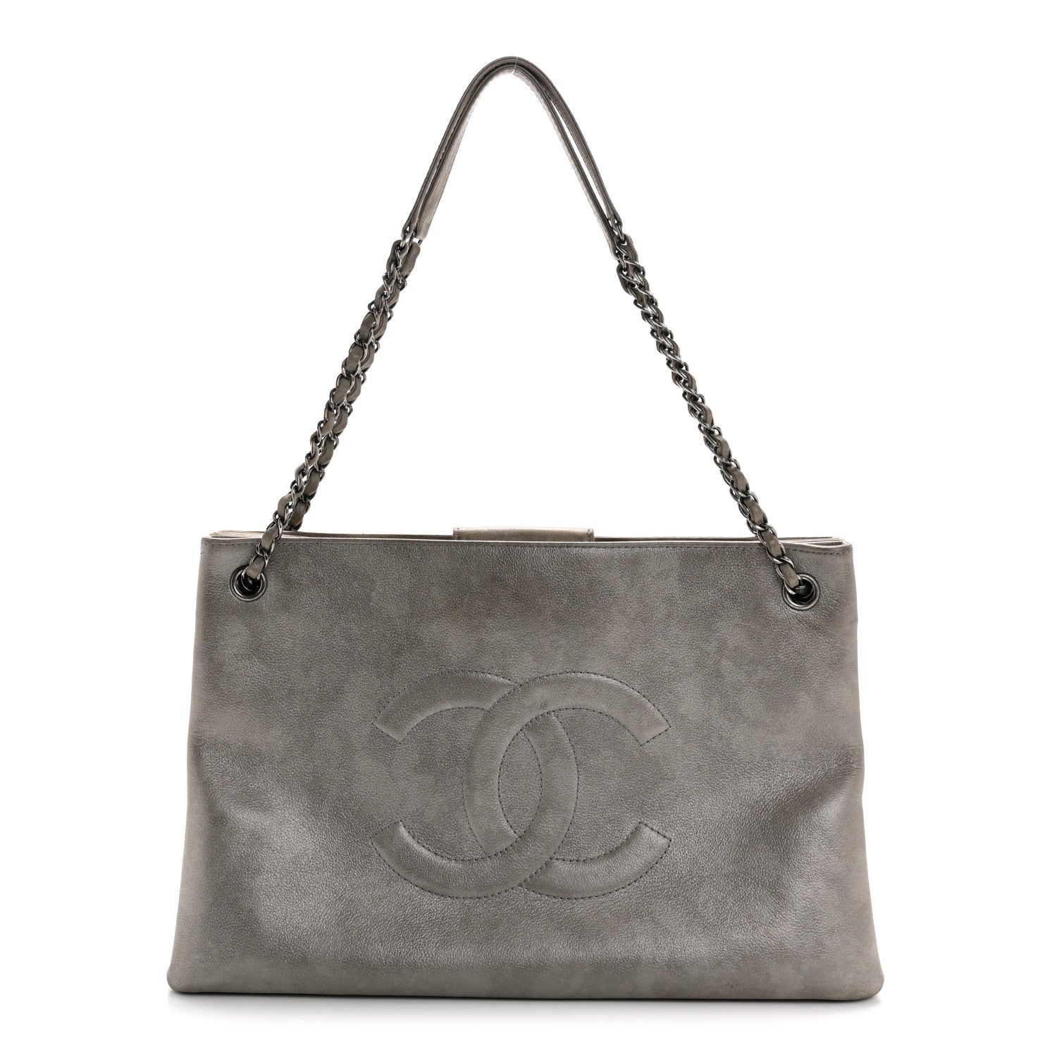 Iridescent Calfskin CC East West Shopping Tote Light Grey