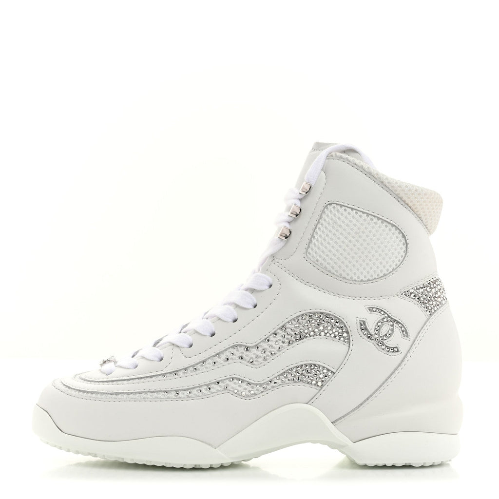 Calfskin Fabric Mesh Strass Womens CC Sneakers 39 White Silver