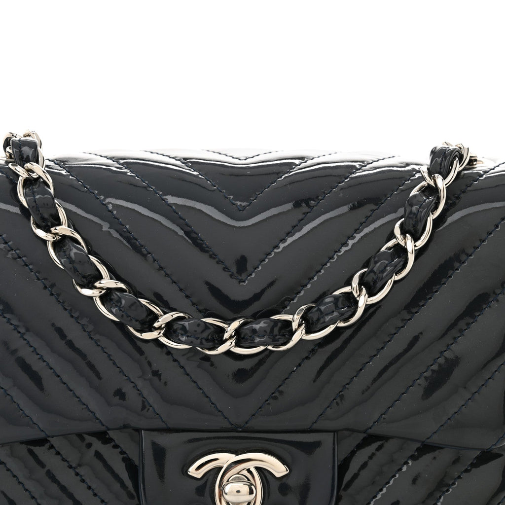 Patent Chevron Quilted Mini Square Flap Dark Blue