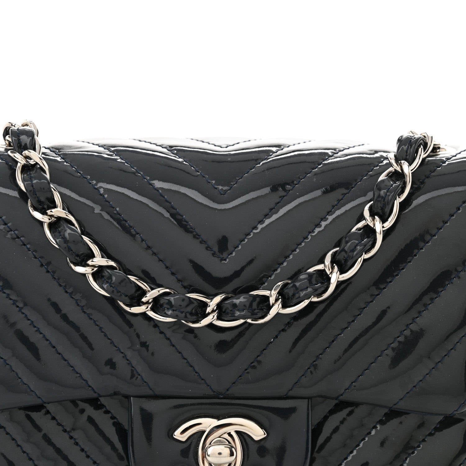 Patent Chevron Quilted Mini Square Flap Dark Blue
