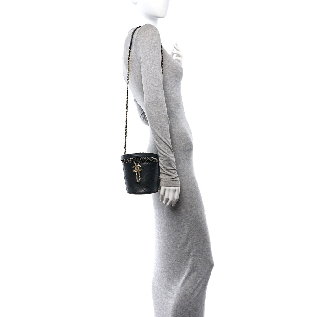 Calfskin Tweed Small CC Chain Bucket Drawstring Bag Black Multicolor