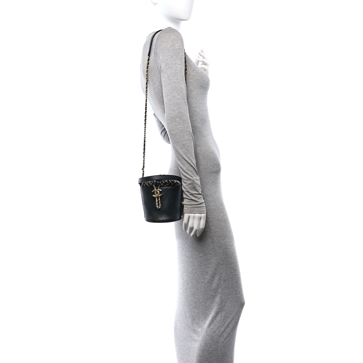 Calfskin Tweed Small CC Chain Bucket Drawstring Bag Black Multicolor