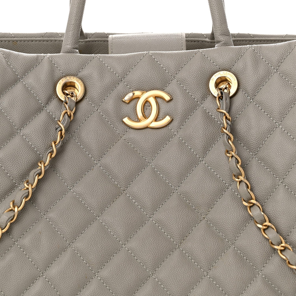 Caviar Quilted Large Coco Handle Shopping Tote Grey