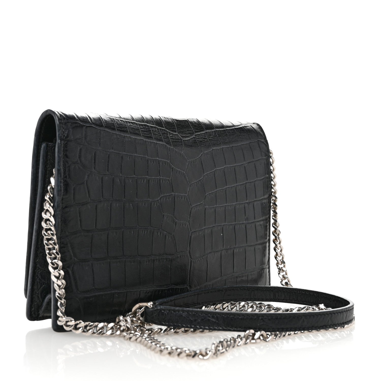 Calfskin Crocodile Embossed Kate Monogram Tassel Chain Wallet Black
