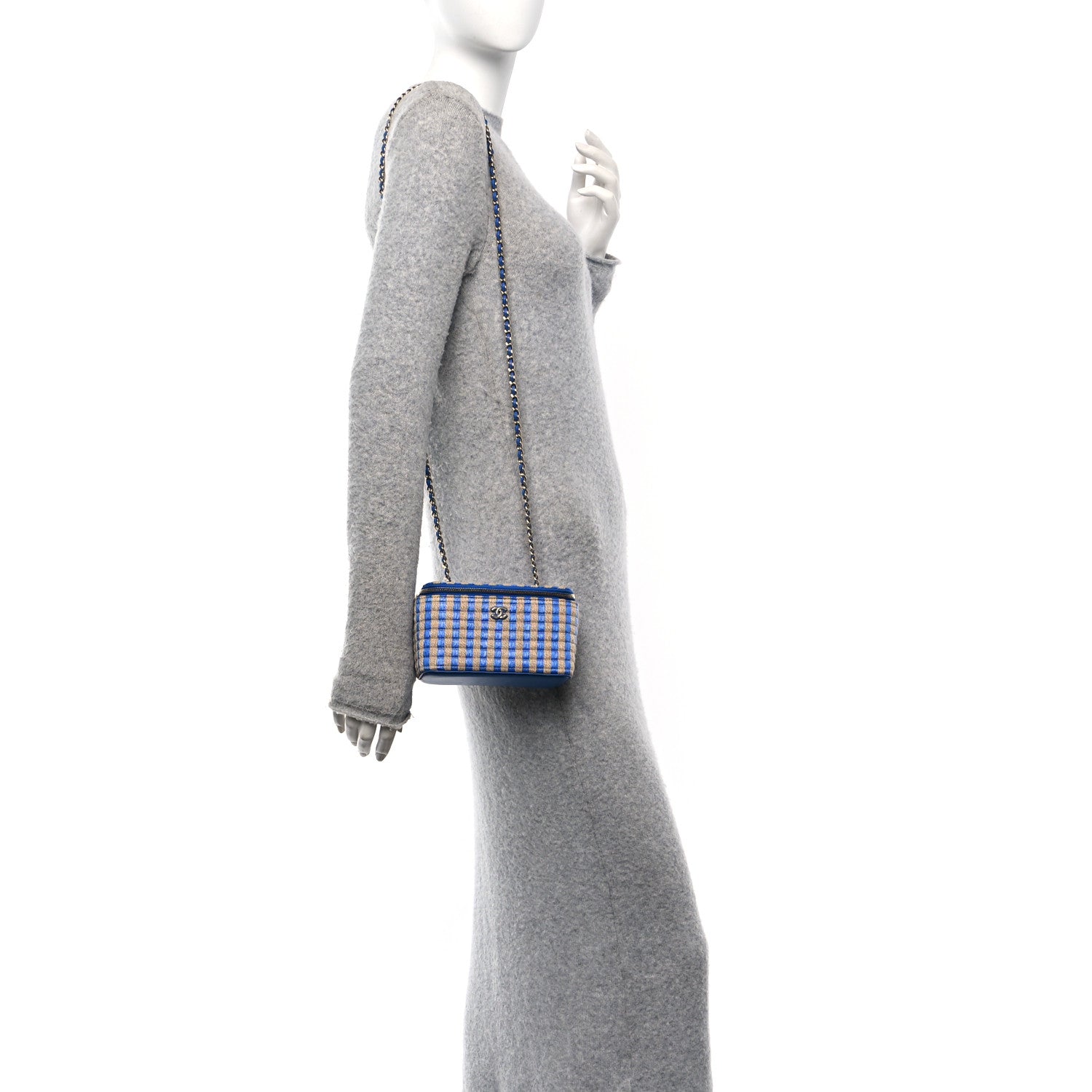 Raffia Jute Striped Small Vanity Case With Chain Blue Beige