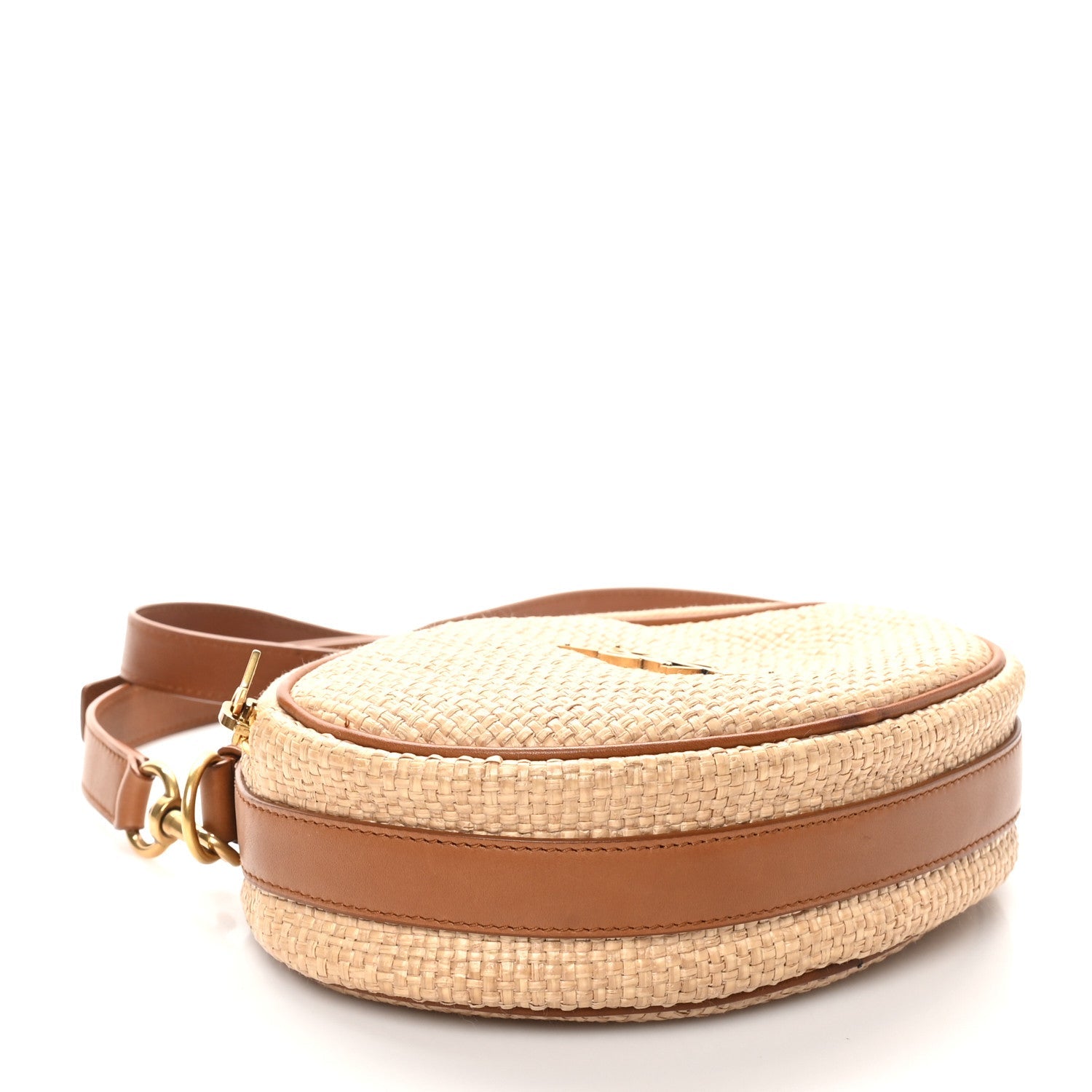 Raffia Calfskin Round Camera Bag Golden Ecru Brick