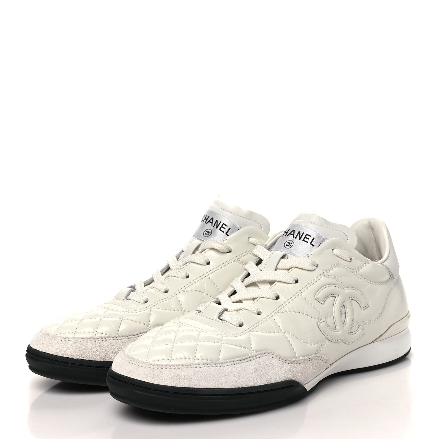 Shiny Calfskin Suede Quilted CC Logo Sneakers 40 White