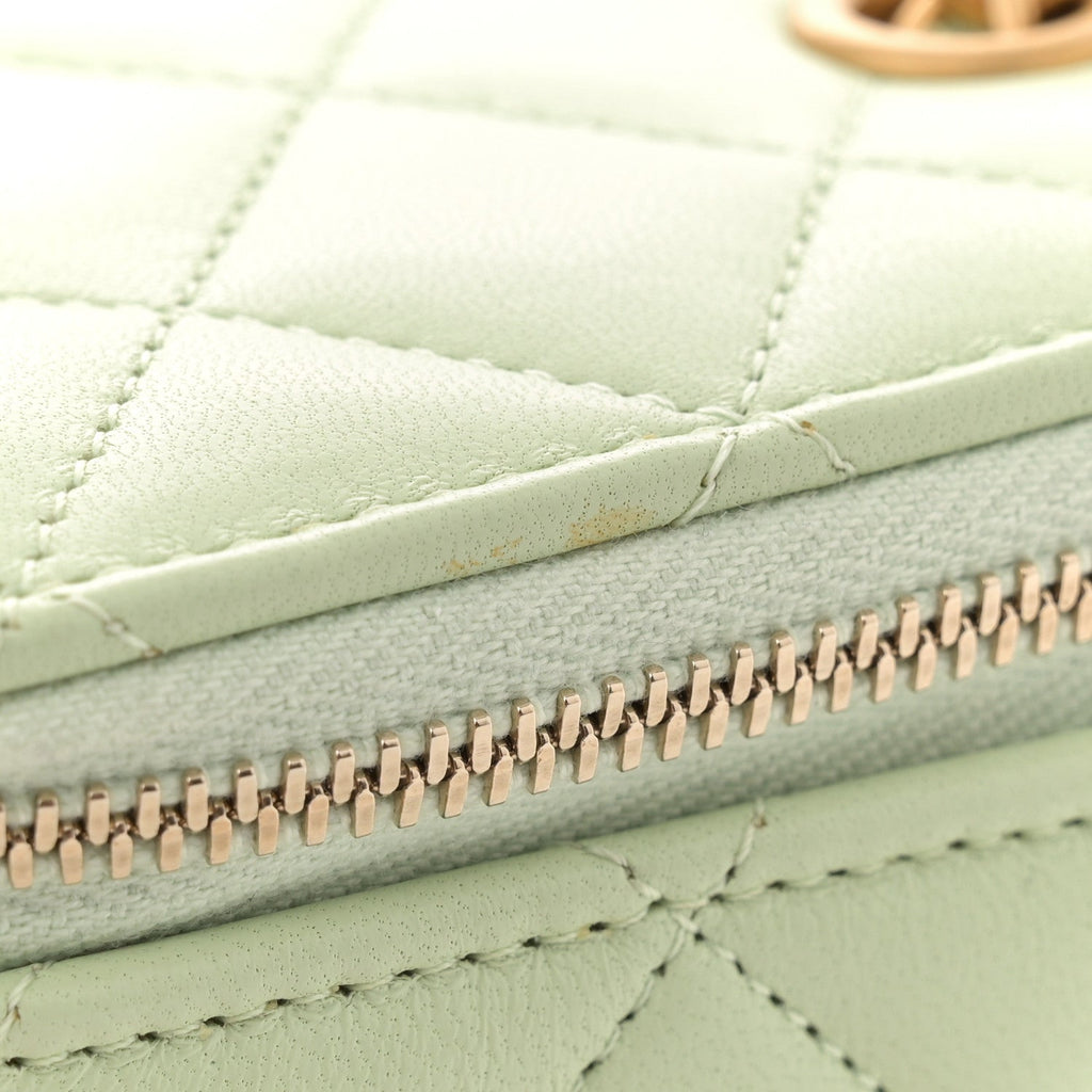Lambskin Quilted Pearl Crush Mini Vanity Case With Chain Light Green