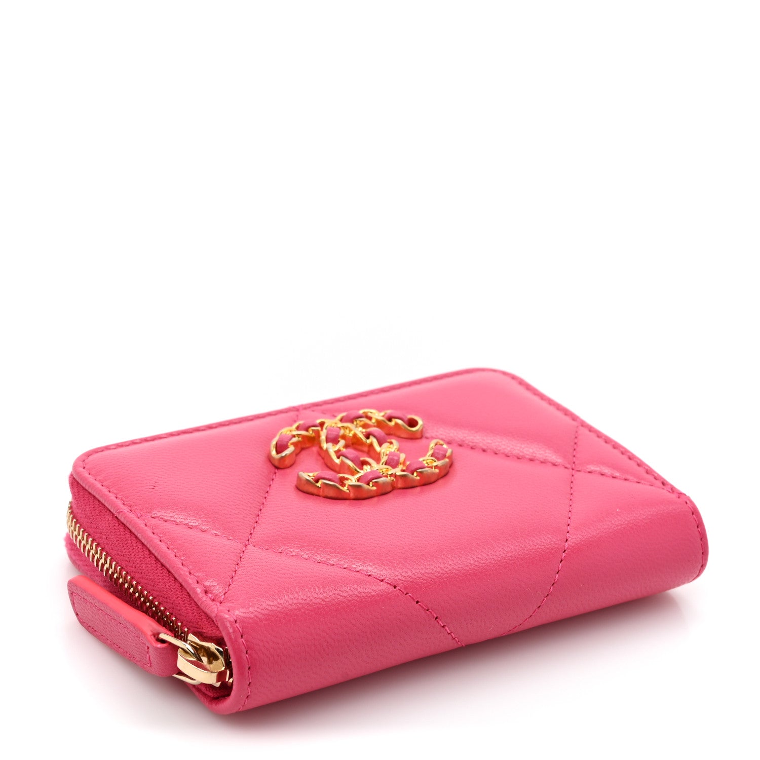 Shiny Goatskin Quilted 19 Zip Around Coin Purse Wallet Dark Pink