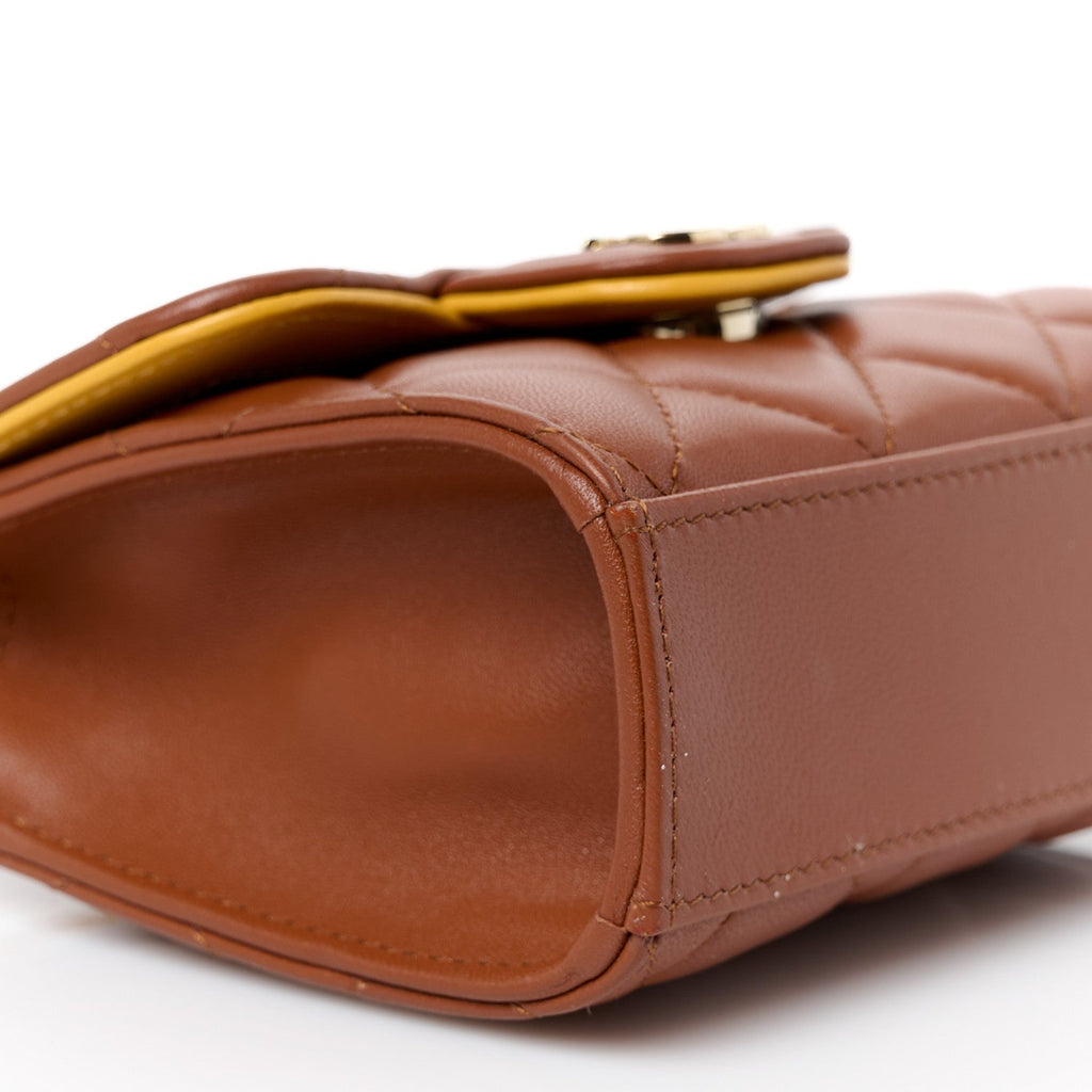 Lambskin Quilted Top Handle Flap Clutch With Chain Brown Yellow