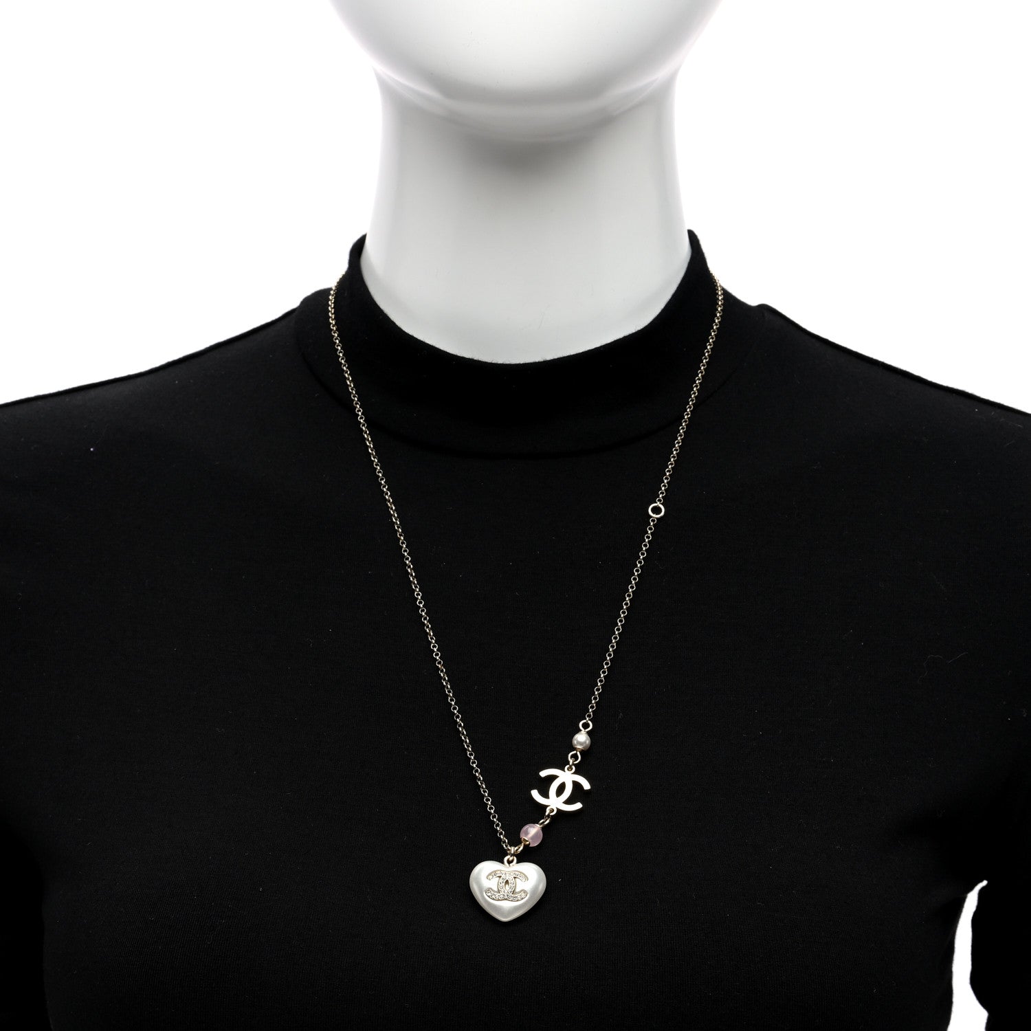 Resin Crystal CC Heart Necklace Pearly White Gold