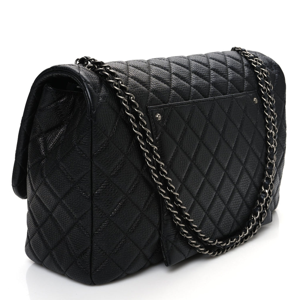 Grained Calfskin Quilted Small XXL Travel Flap Bag Black