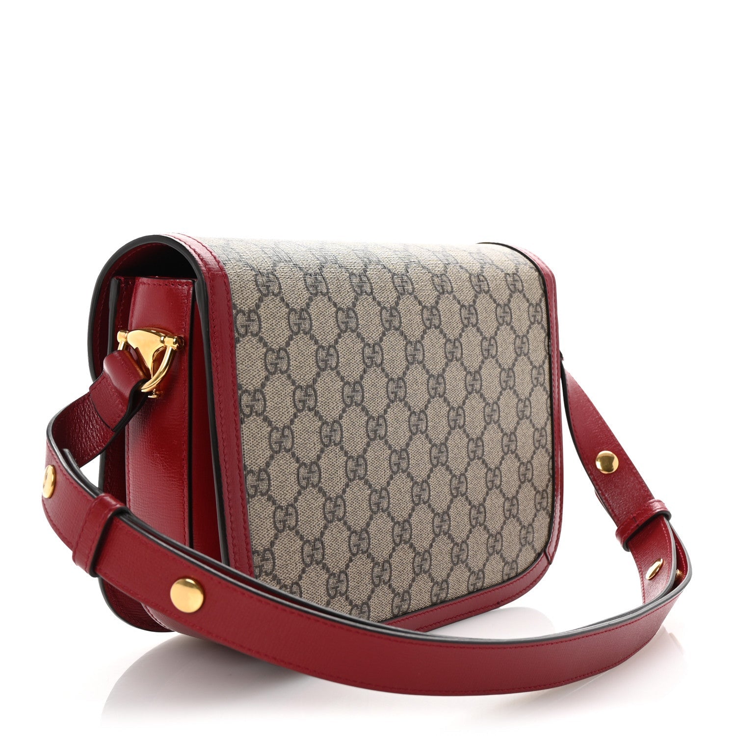 GG Supreme Monogram Azalea Calfskin Horsebit 1955 Shoulder Bag Beige Ebony New Cherry Red