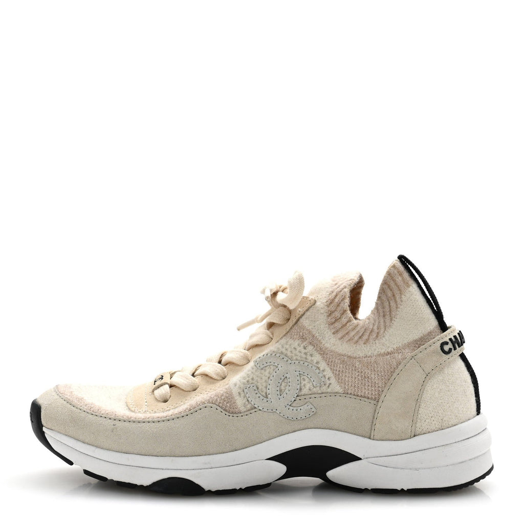 Knit Fabric Suede Calfskin Womens CC Sneakers 37 Ivory