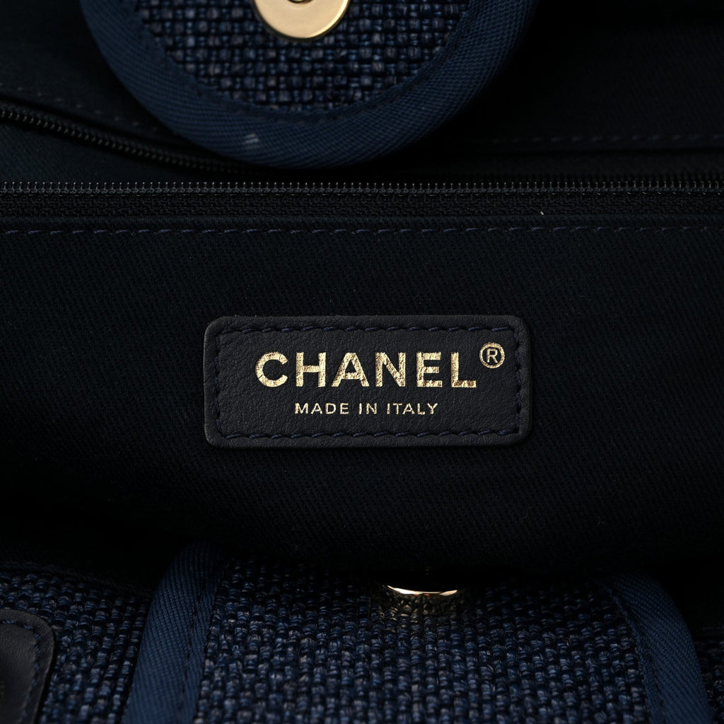 Woven Straw Raffia Medium Deauville Tote Navy