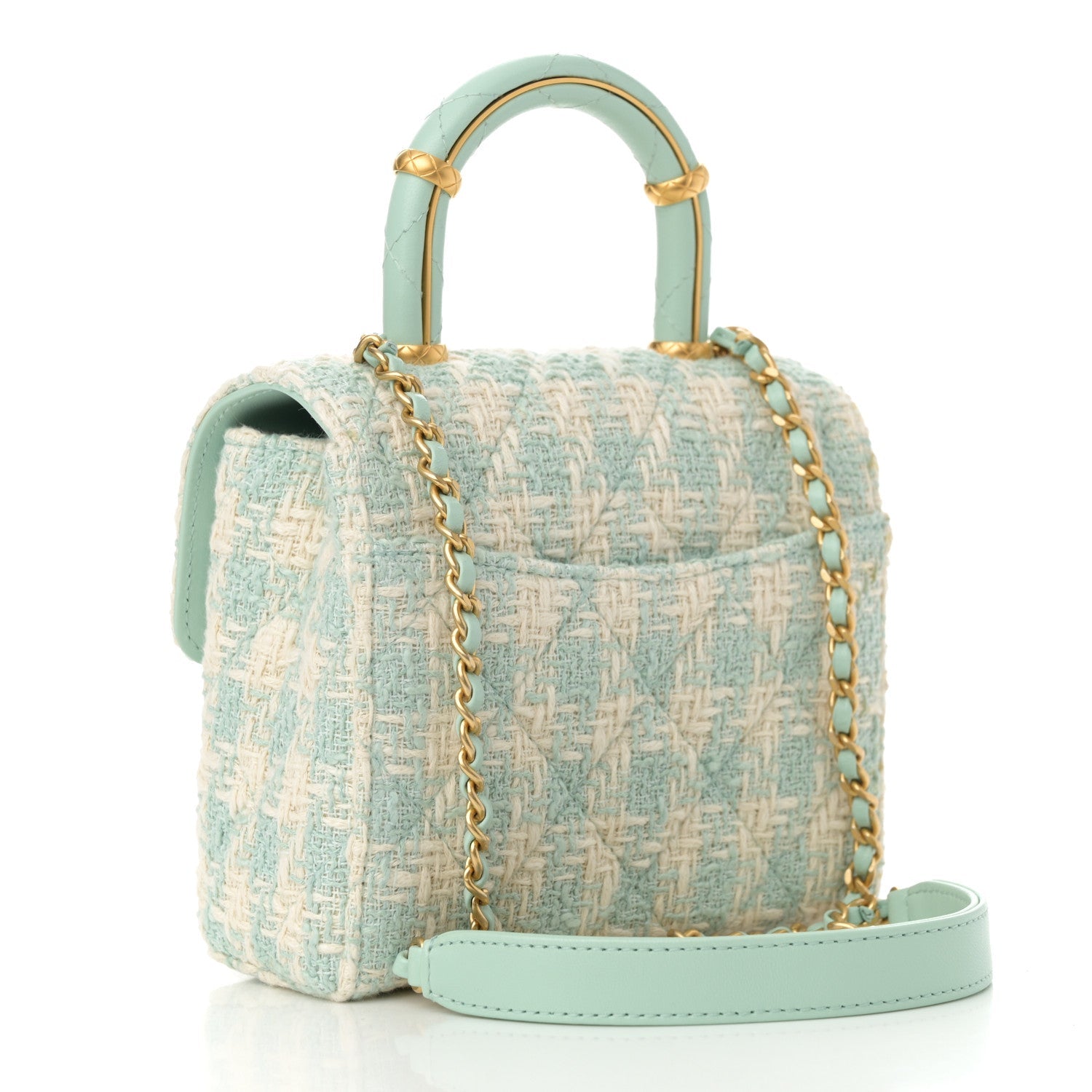 Tweed Handle Crush Top Handle Flap Bag Light Blue Ecru