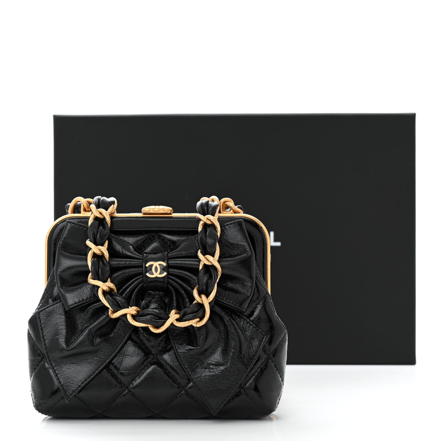 Patent Crumpled Lambskin Quilted Maxi Bow Clutch With Chain Black