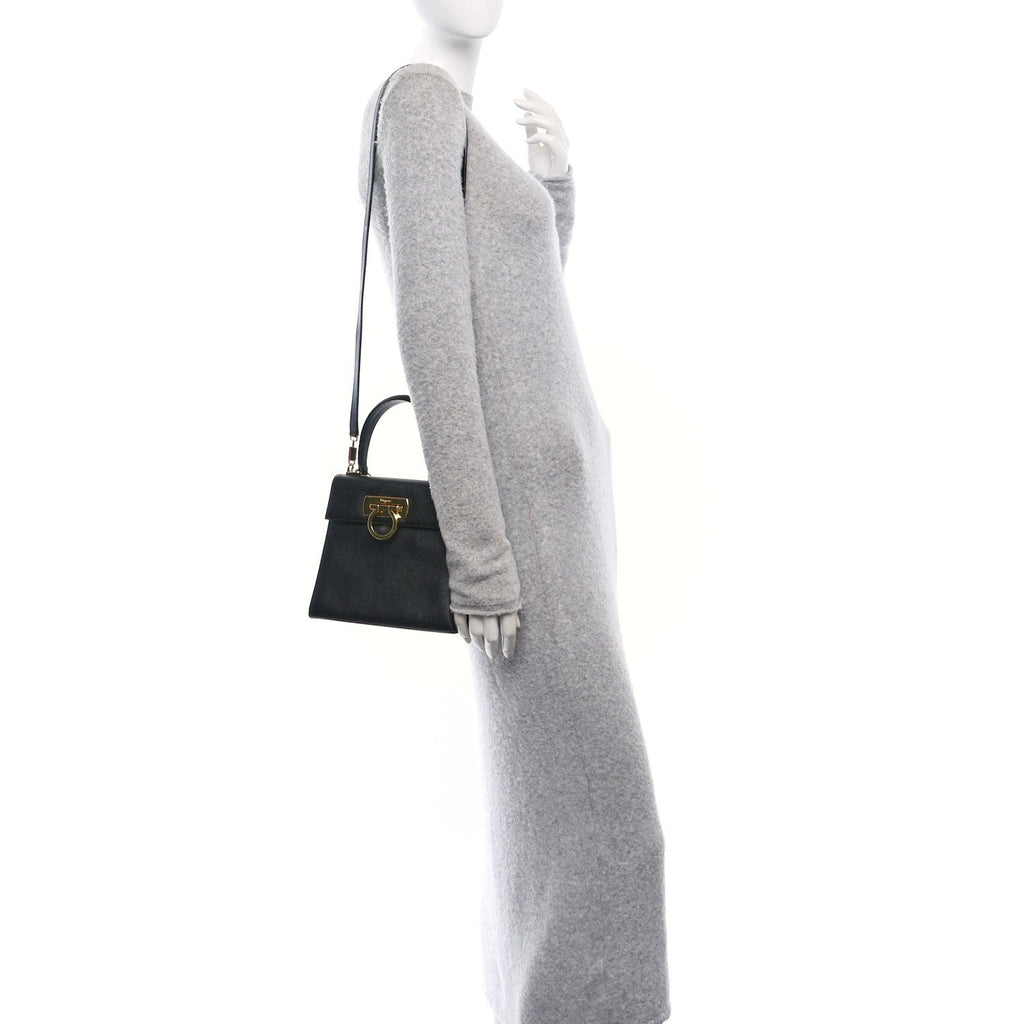 Hammered Calfskin Small Iconic Top Handle Bag Black