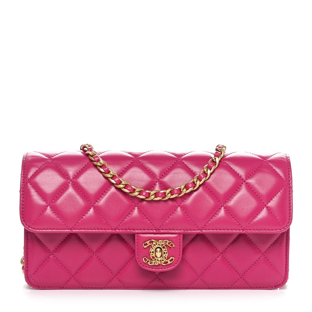 Shiny Lambskin Quilted Flap Clutch Bag Dark Pink