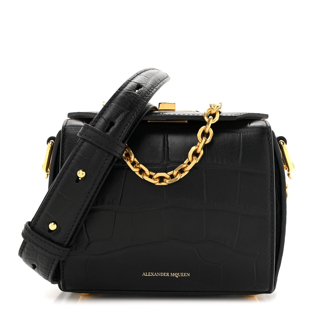 Calfskin Crocodile Embossed Box Shoulder Bag 19 Black