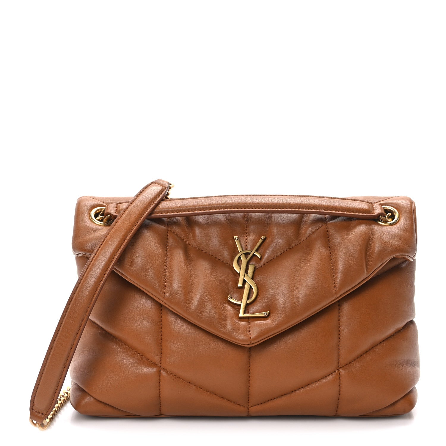 Lambskin Quilted Small Loulou Puffer Monogram Chain Satchel Dark Honey
