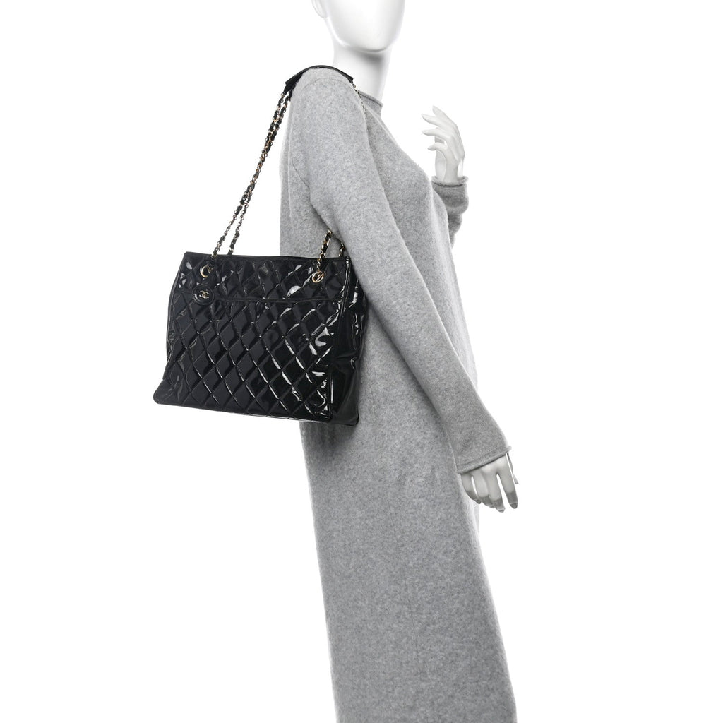 Patent Quilted Tote Black