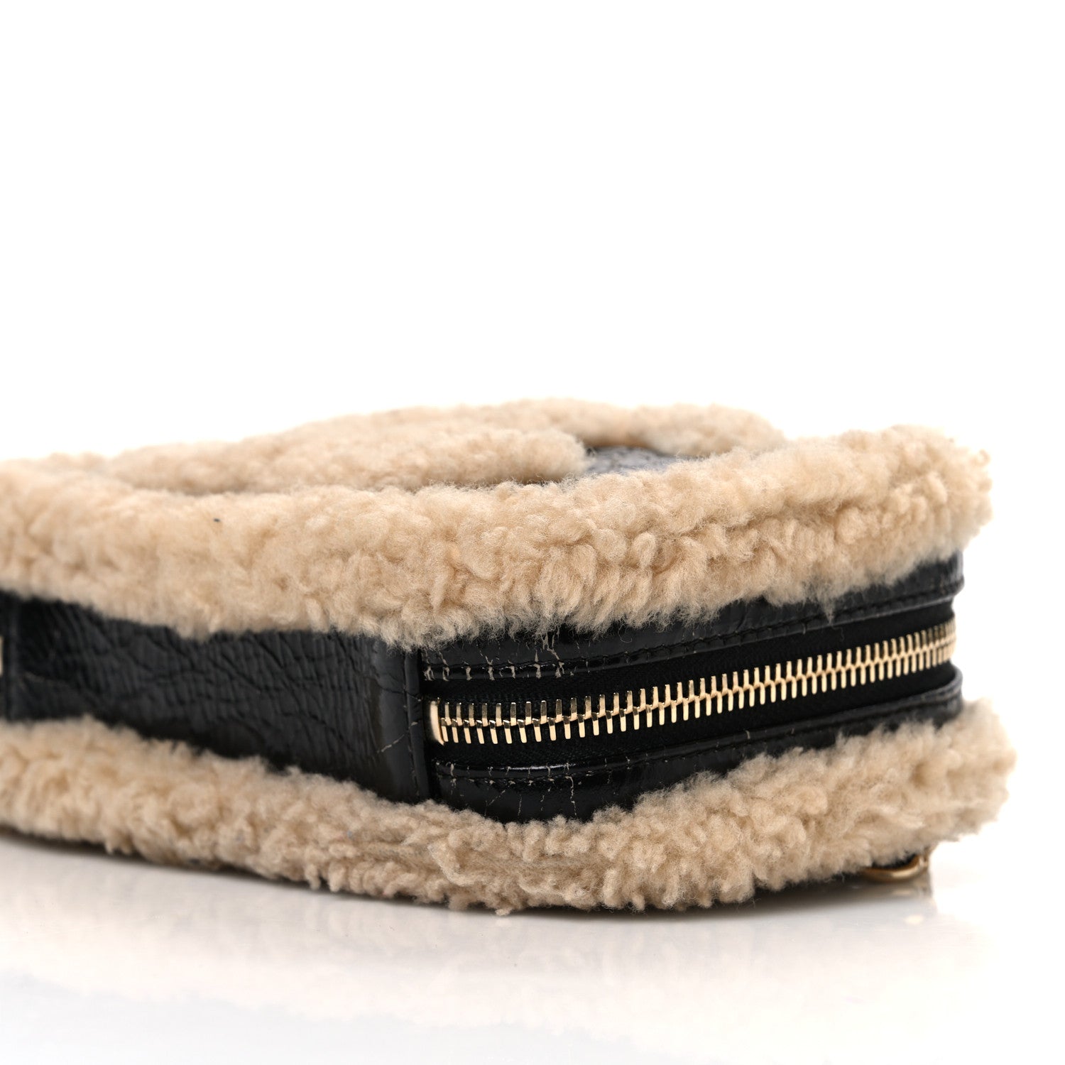 Shiny Crumpled Sheepskin Shearling Waist Bag Black Beige