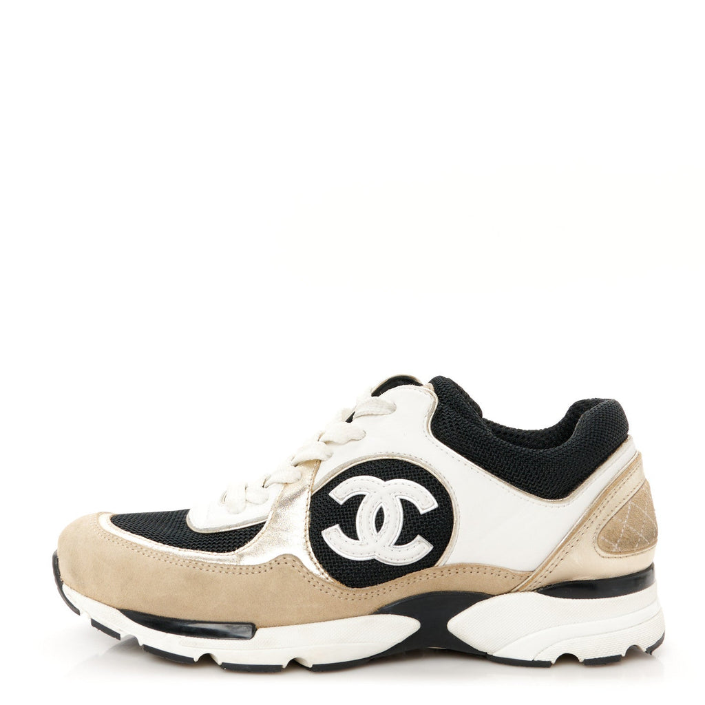 Mesh Suede Calfskin Grained Calfskin Womens CC Sneakers 37 White Black Beige Gold