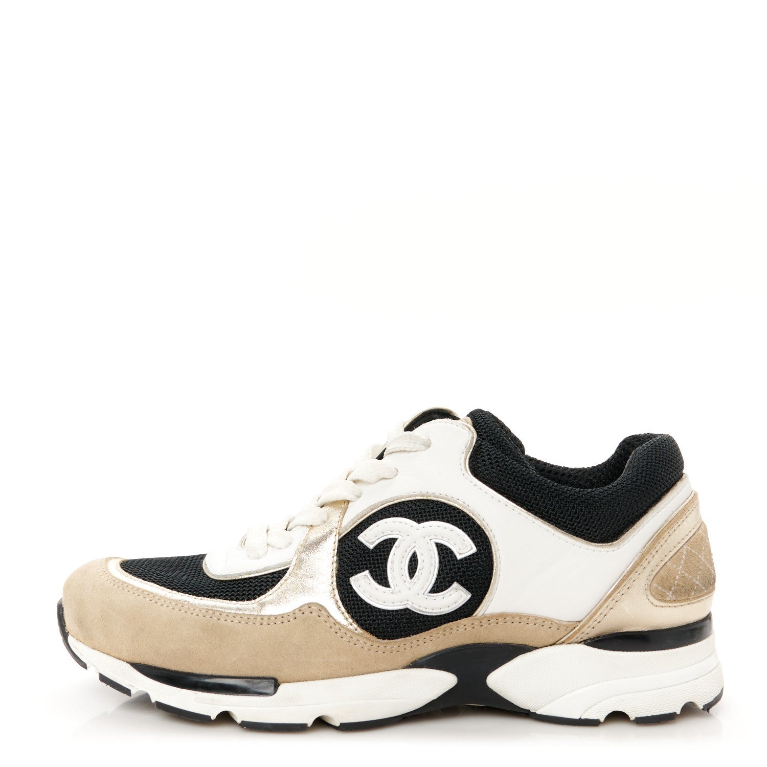 Mesh Suede Calfskin Grained Calfskin Womens CC Sneakers 37 White Black Beige Gold