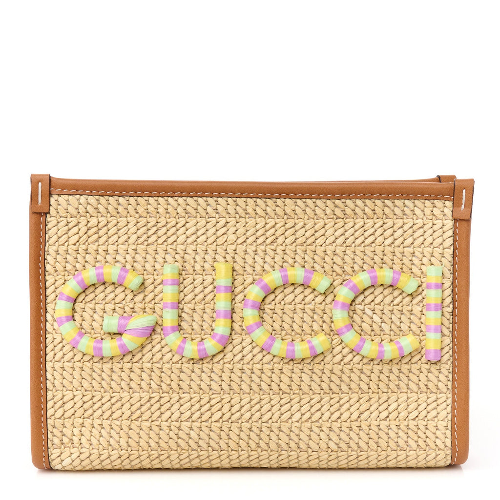 Straw Effect Raffia Calfskin Logo Wristlet Pouch Brown Multicolor
