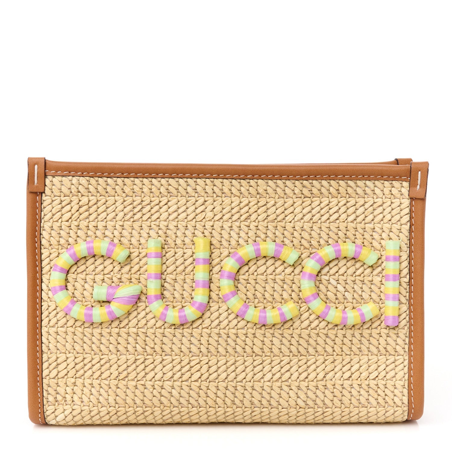 Straw Effect Raffia Calfskin Logo Wristlet Pouch Brown Multicolor