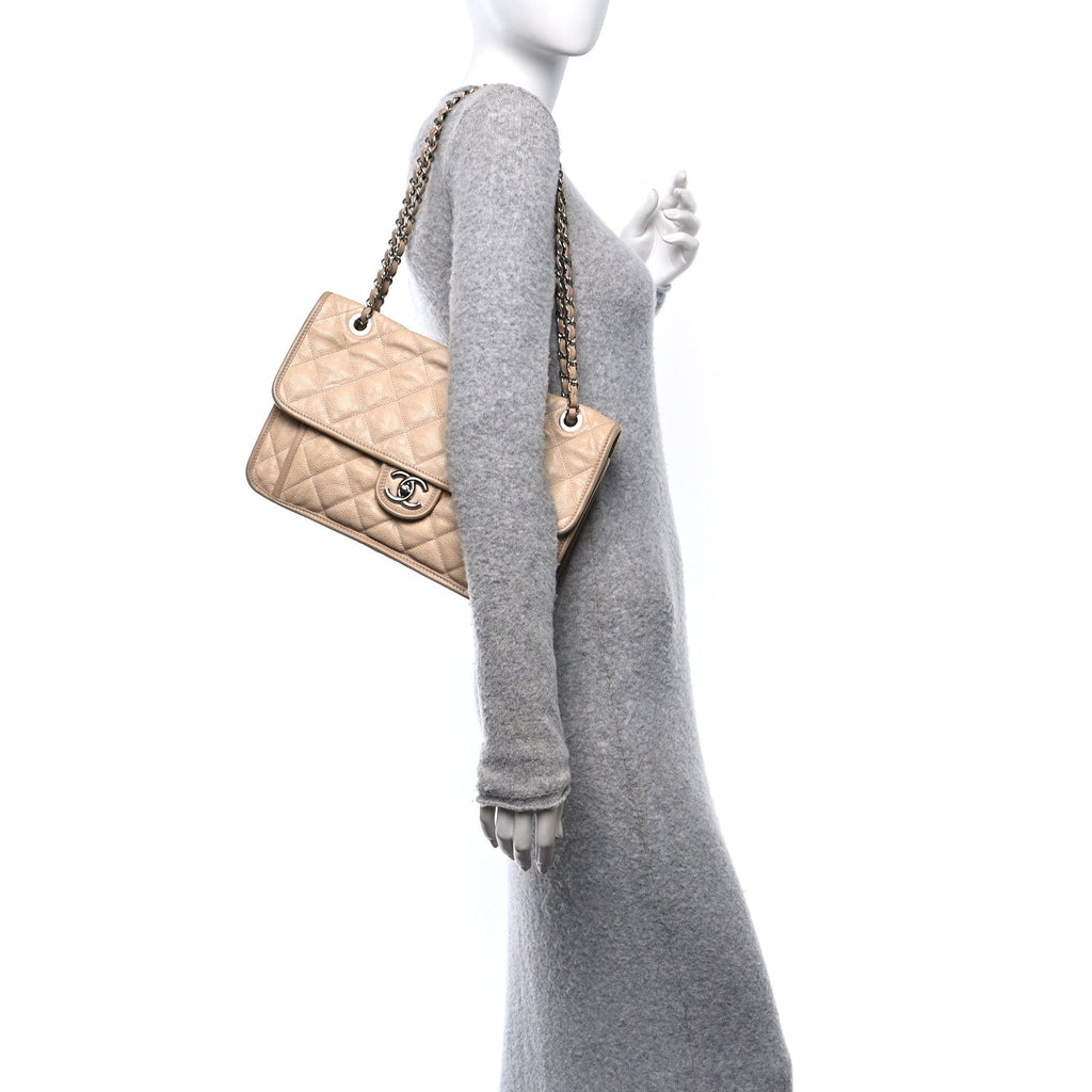 Caviar Quilted Large French Riviera Flap Beige