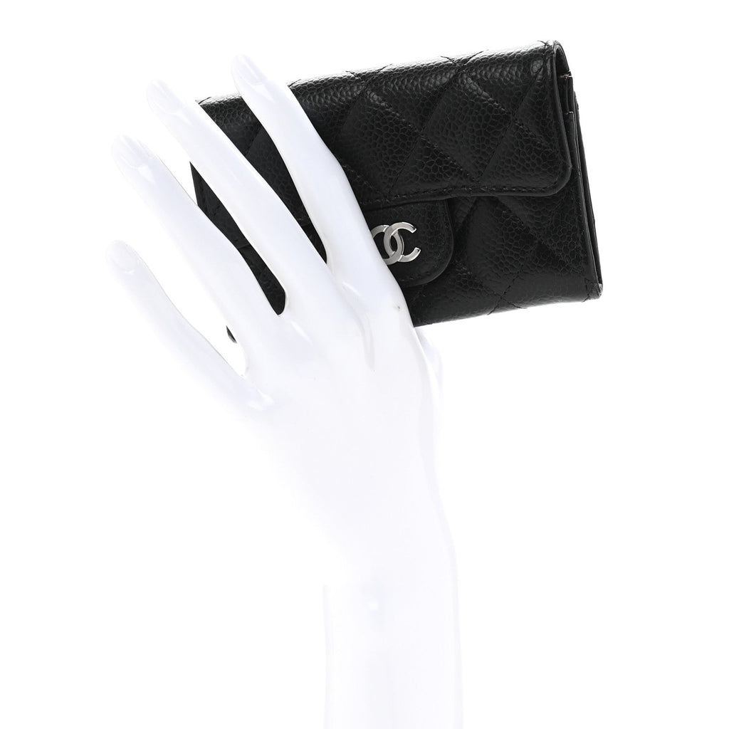 Caviar Quilted Flap  Holder Wallet Black