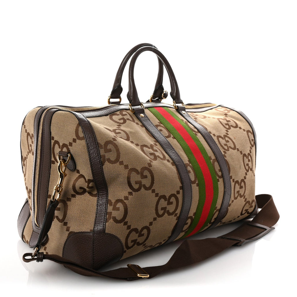 Monogram Jumbo GG Textured Dollar Calfskin Web Large Duffle Bag Camel Ebony