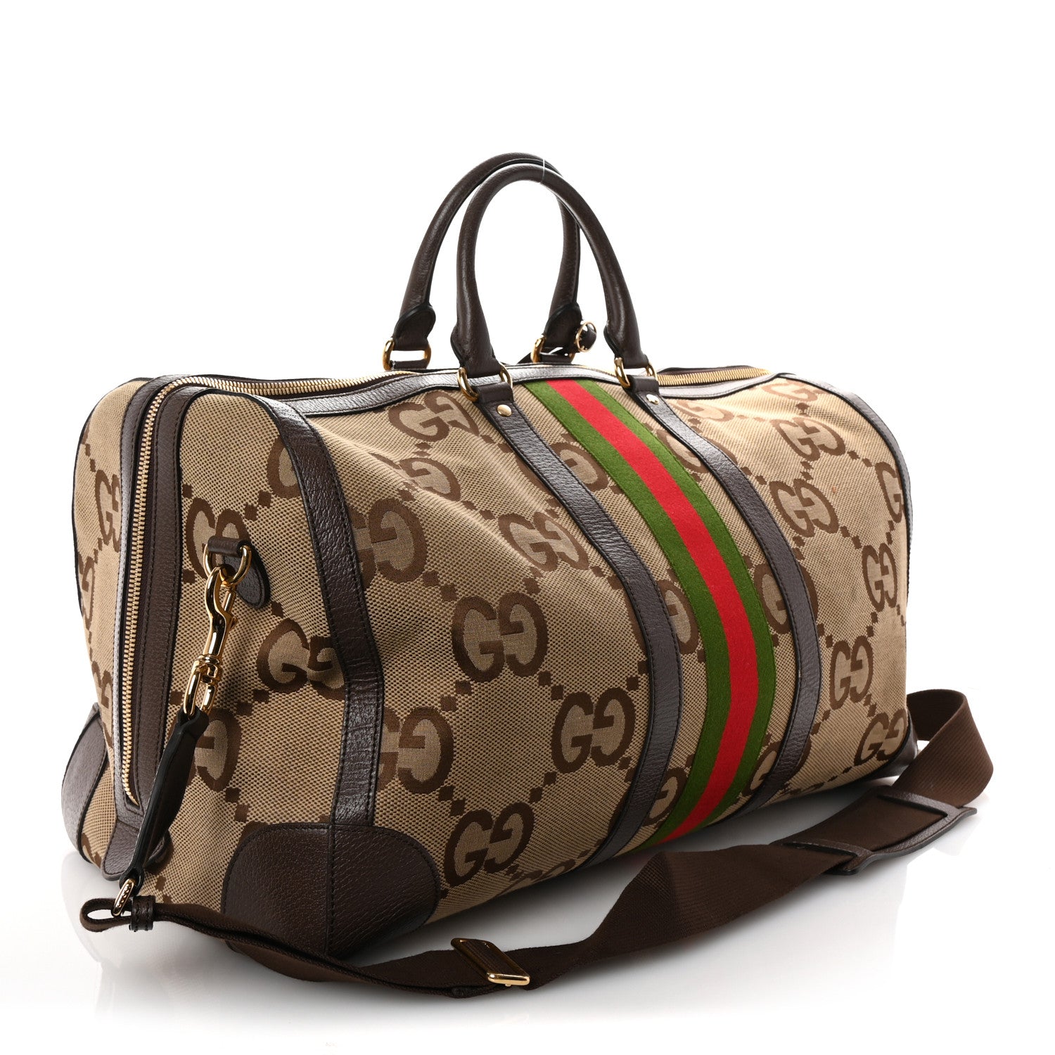 Monogram Jumbo GG Textured Dollar Calfskin Web Large Duffle Bag Camel Ebony