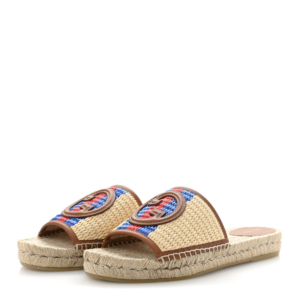 Raffia Interlocking G Flat Slide Espadrille Sandals 40  Natural Harness Brown