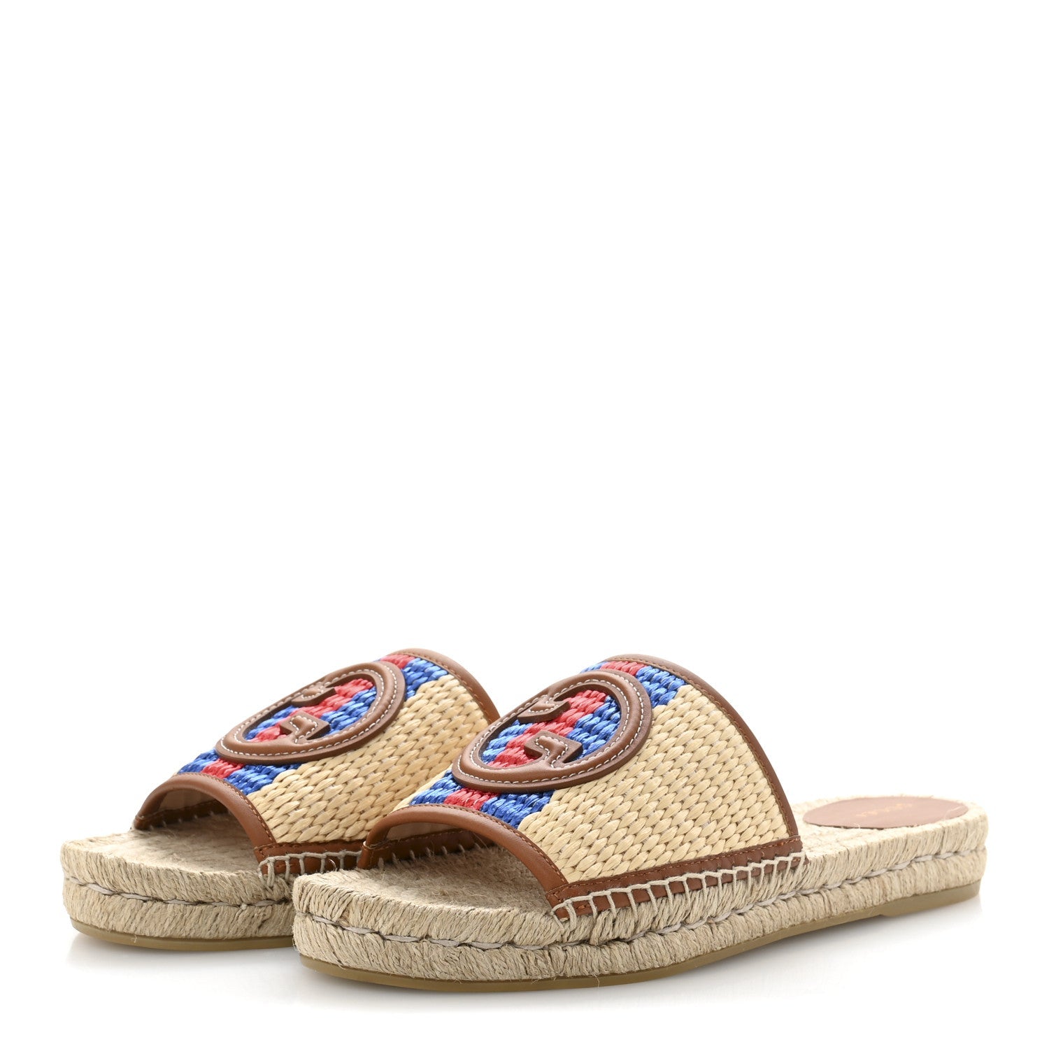 Raffia Interlocking G Flat Slide Espadrille Sandals 40  Natural Harness Brown