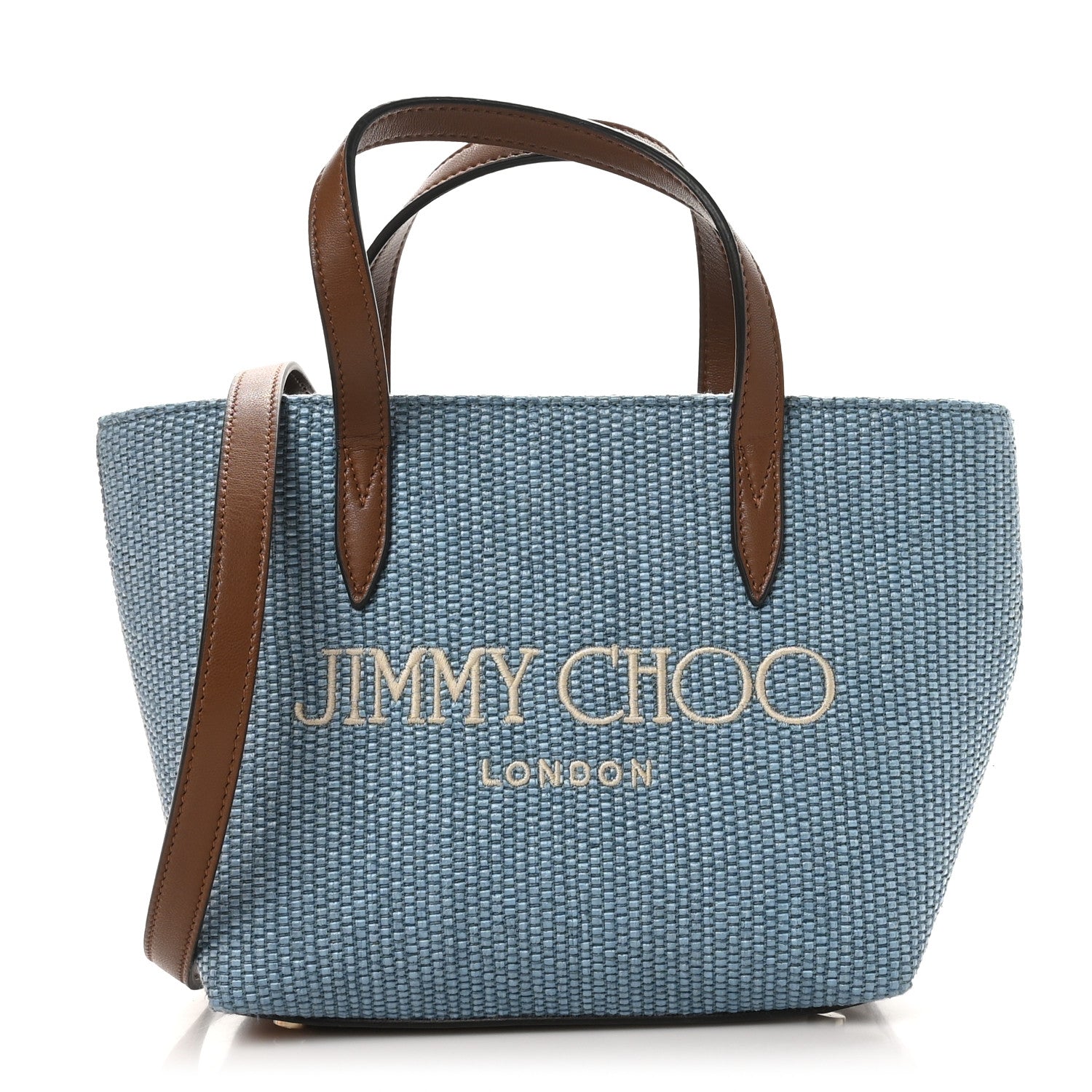 Raffia Canvas Logo Embroidered Mini Tote Smoky Blue Tan