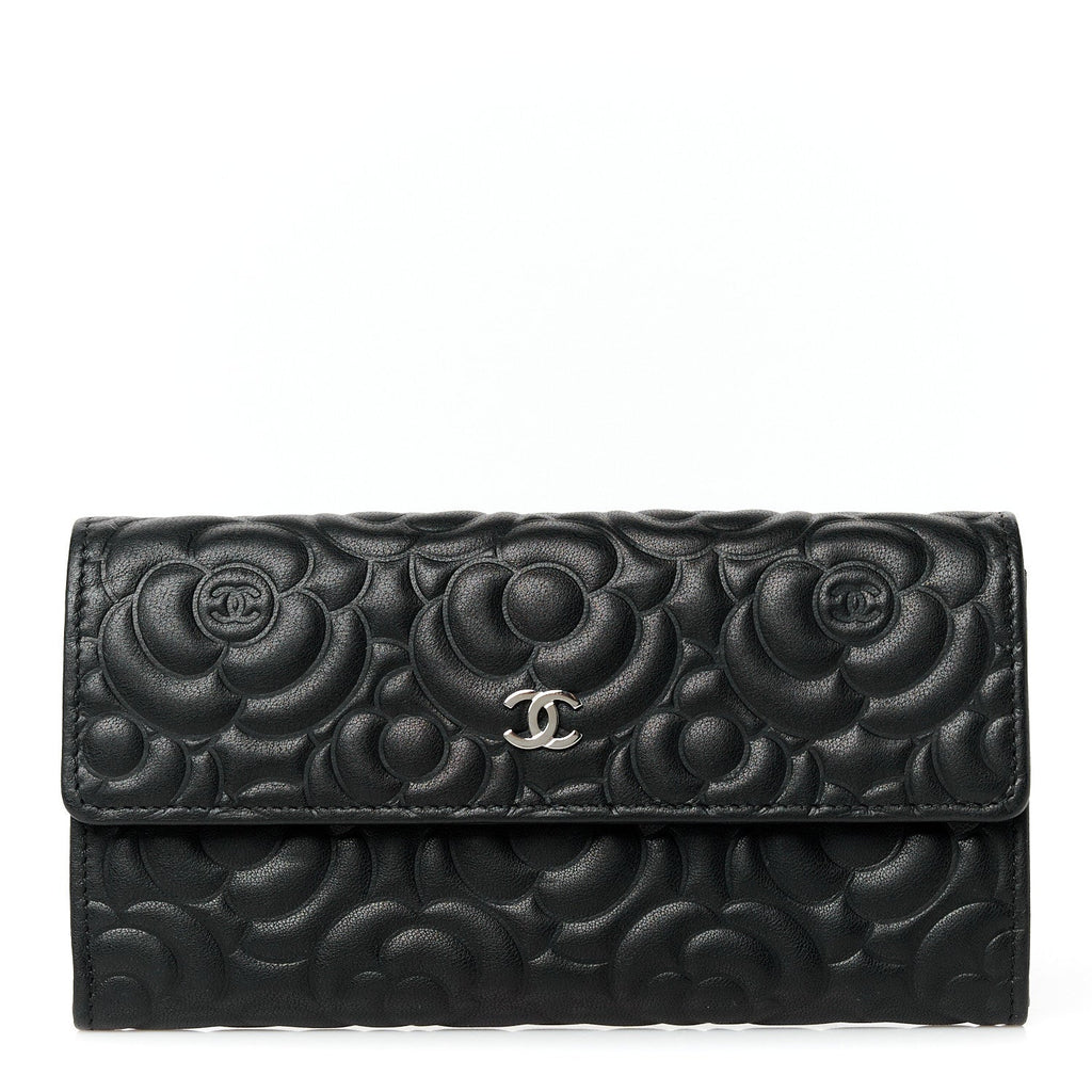 Lambskin Embossed Camellia Large Gusset Flap Wallet Black