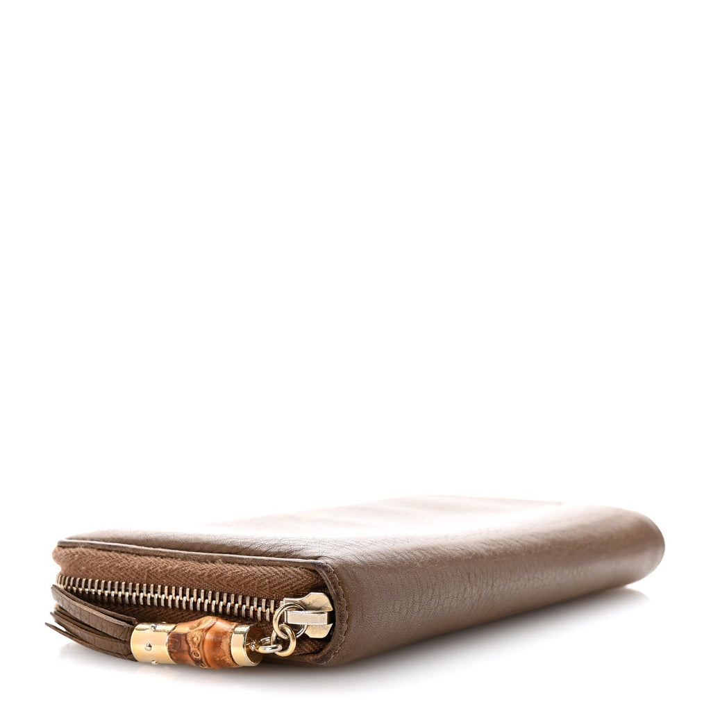 Dollar Calfskin Bamboo Tassel Zip Around Wallet Brown