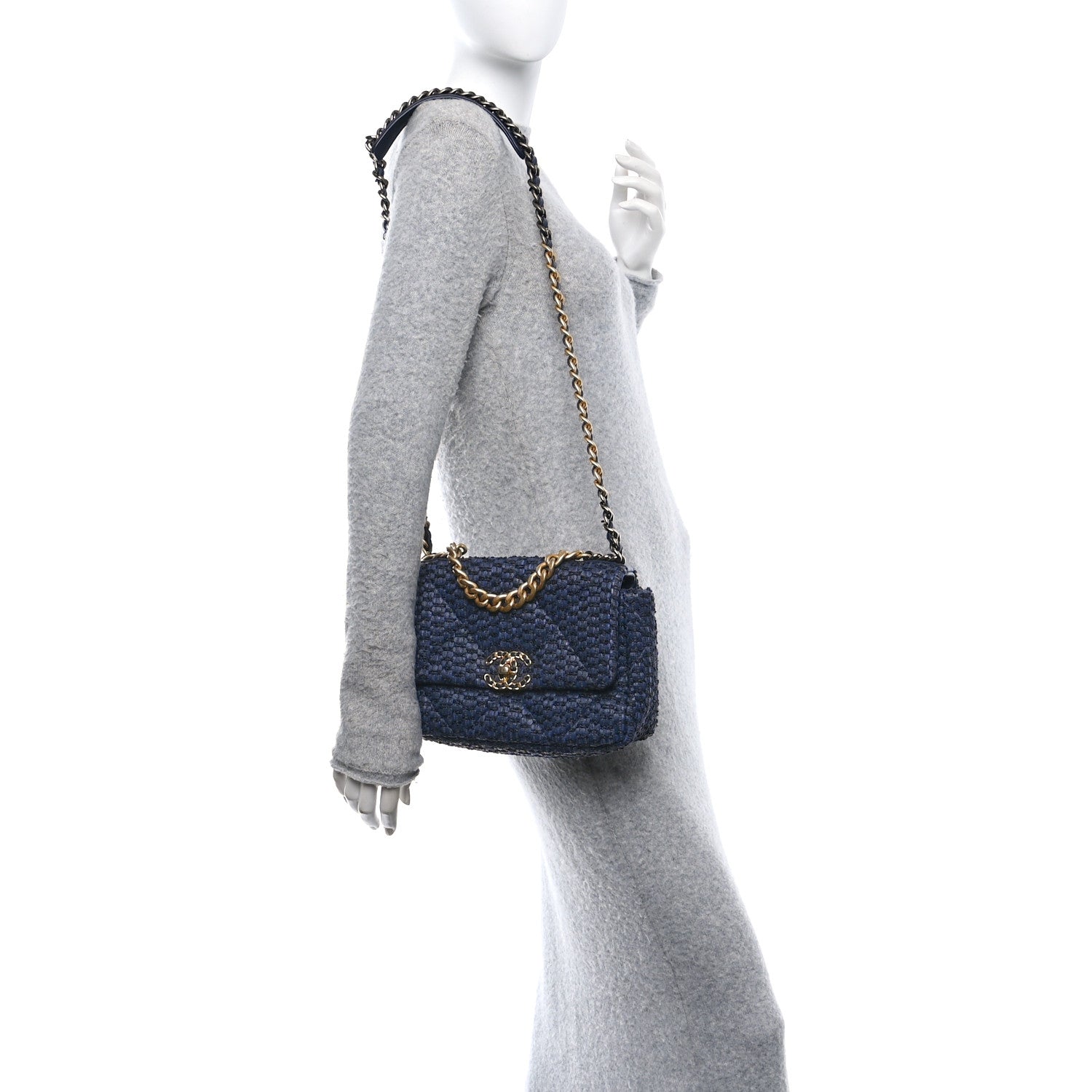 Raffia Tweed Quilted Medium Chanel 19 Flap  Navy