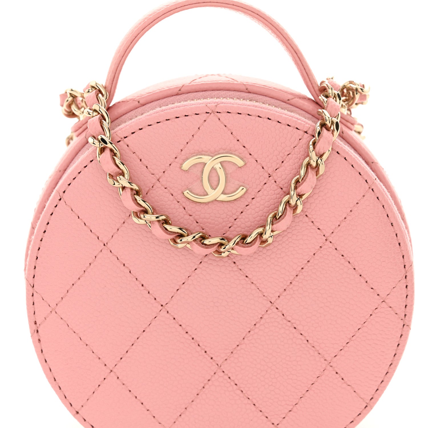 Caviar Quilted Round Handle With Care Vanity With Chain Pink