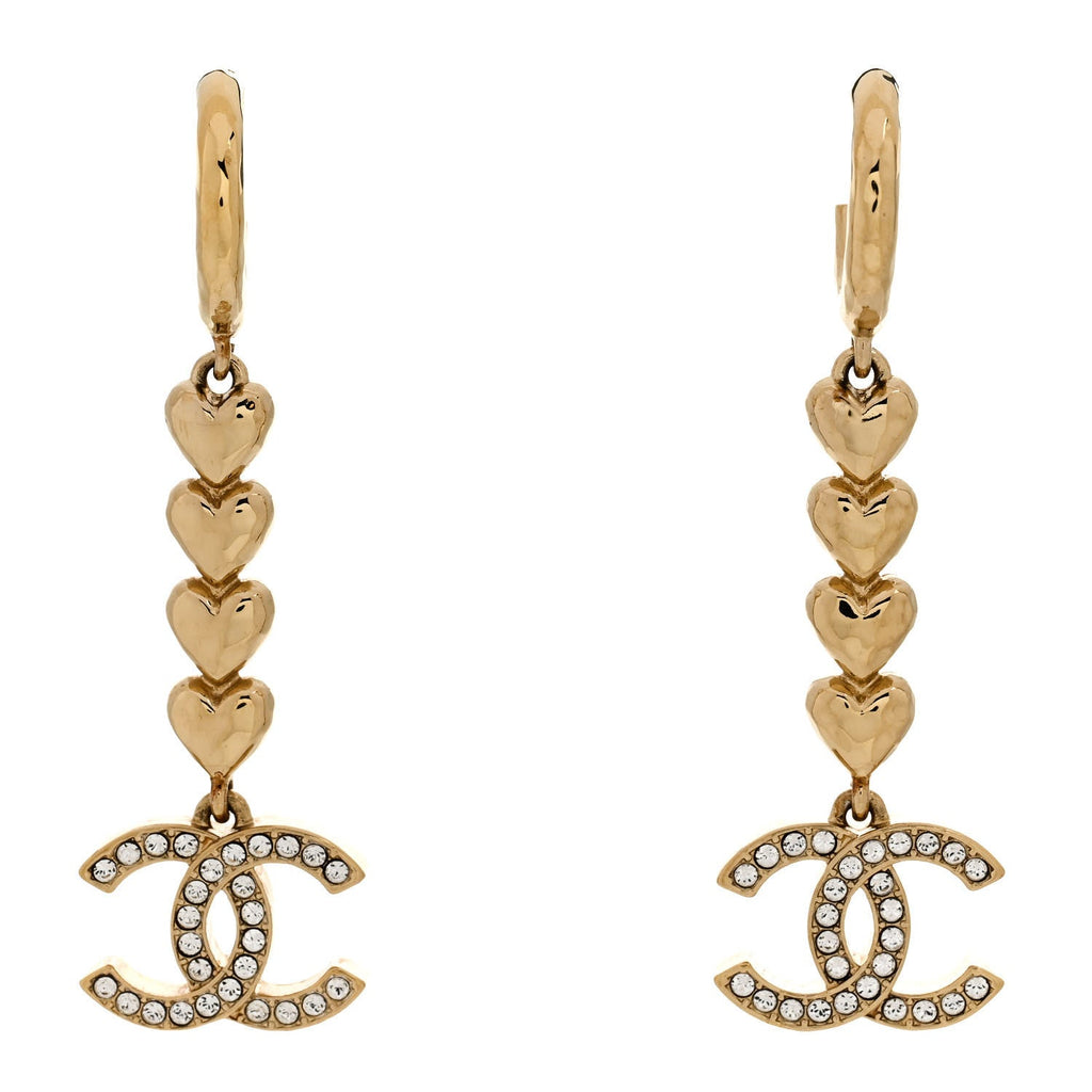 Metal Crystal CC Heart Hoop Long Drop Earrings Gold