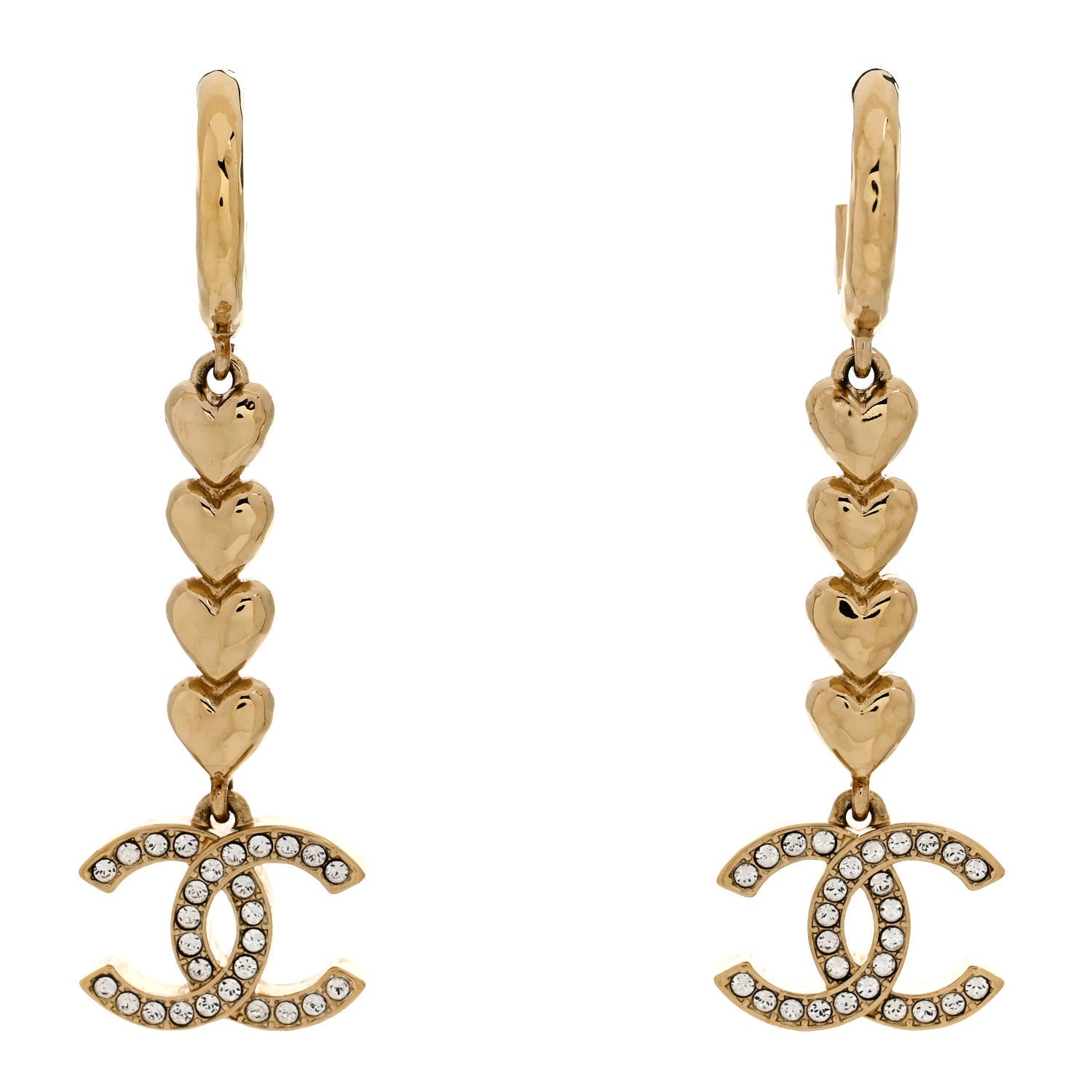 Metal Crystal CC Heart Hoop Long Drop Earrings Gold