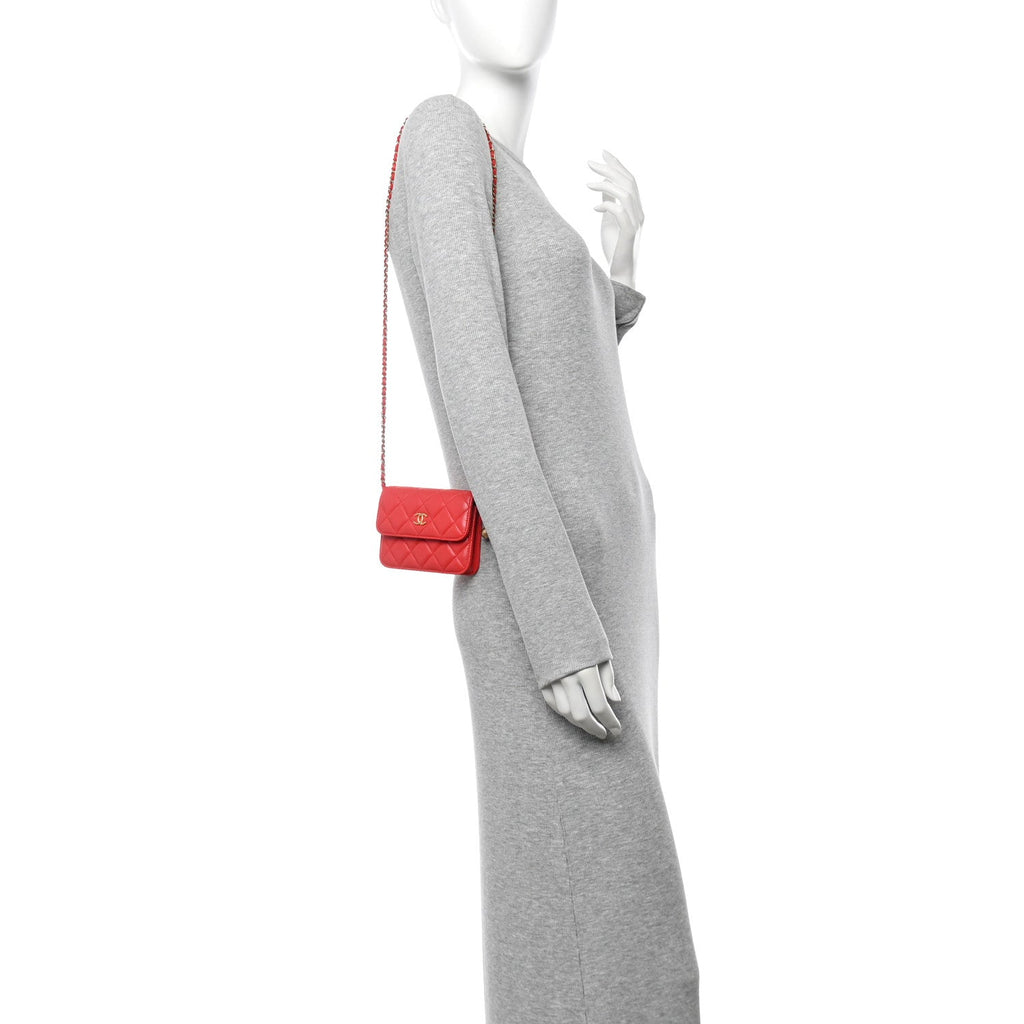 Lambskin Quilted Pearl Crush Clutch With Chain Red