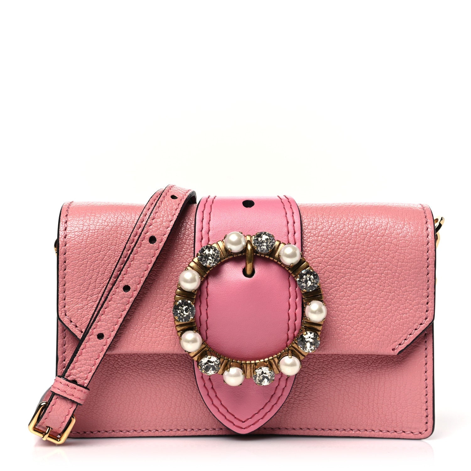 Goatskin Madras Soft Calfskin Crystal Pearl Embellished Shoulder Bag Rosa